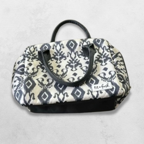 Fit & Fresh Bloomington Lunch Bag Double Handle Zip Ikat Charcoal Gray Cream OS - Picture 2 of 7